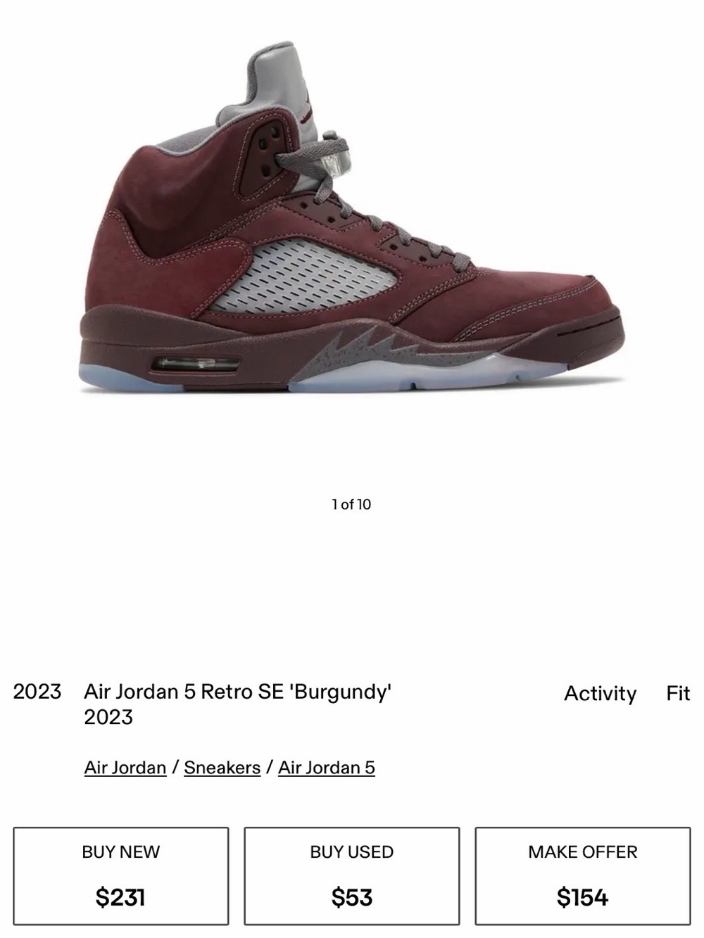 Air Jordan 5 Retro SE Burgundy Sneaker size 12